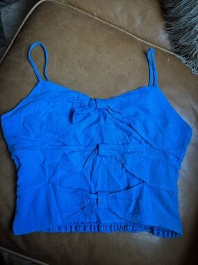 Sienna Sky Blue Smocked Crop Top Bow Front Linen Blend Tank Size Large
